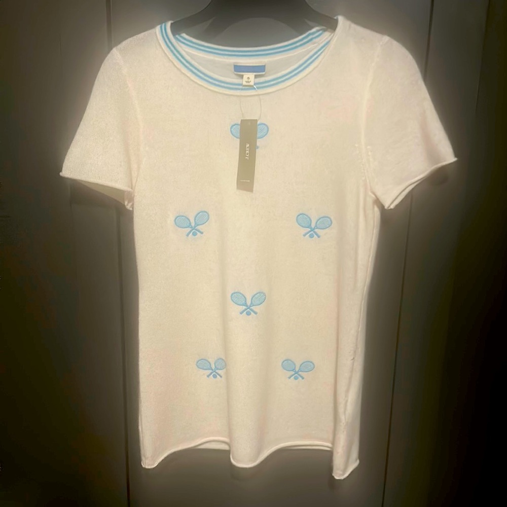 NWT JCREW CASHMERE EMBROIDERED PICKLE BALL/TENNIS RACKET SHORT SLEEVE SWEATER